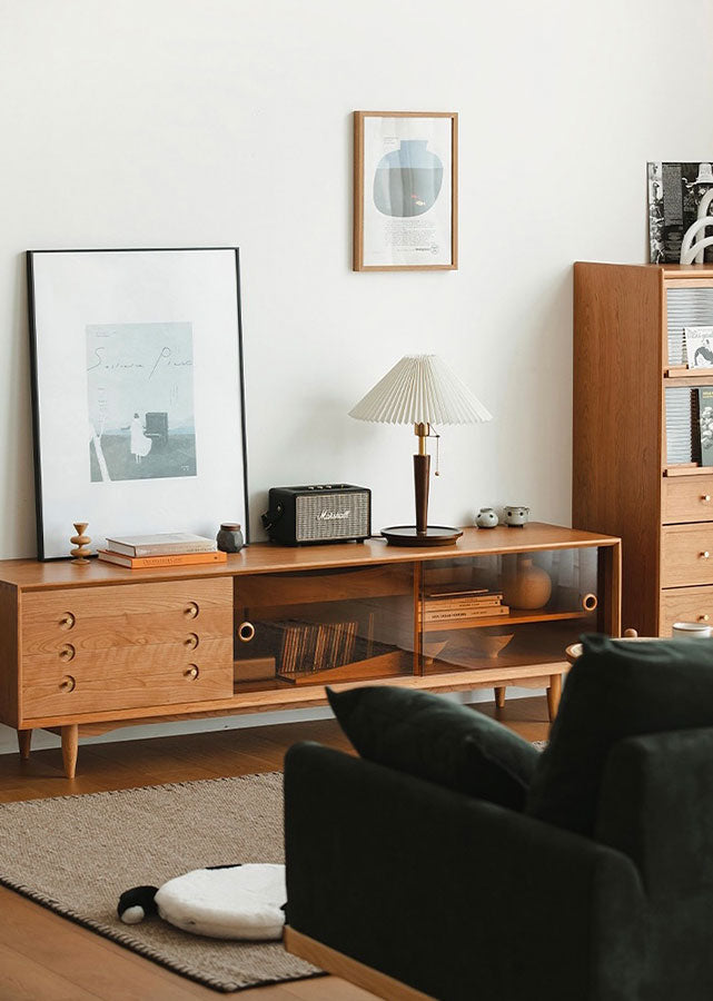 Kentro Solid Cherry Wood TV Console with brown glass