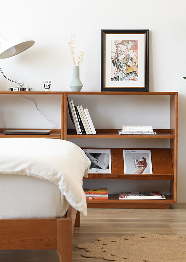 Bass Solid Cherry Wood Accent Sideboard, shelves on flat placement.