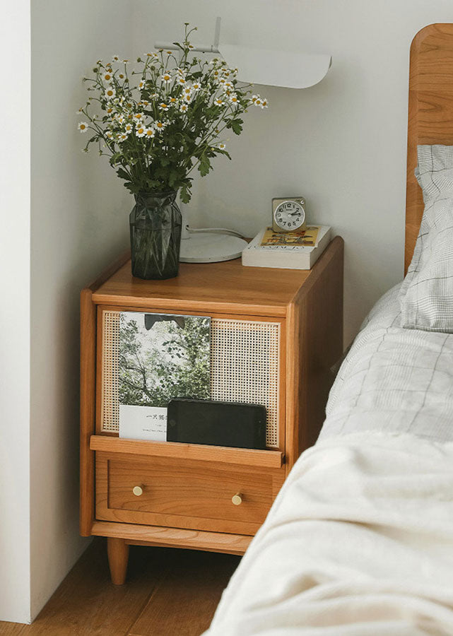 Rattan Solid Wood Nightstand with Drawer