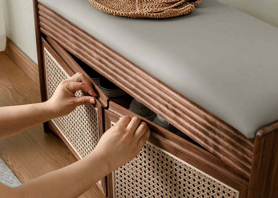 Aeras Solid Dark Walnut Shoe Cabinet with rattan. Close up of doors.