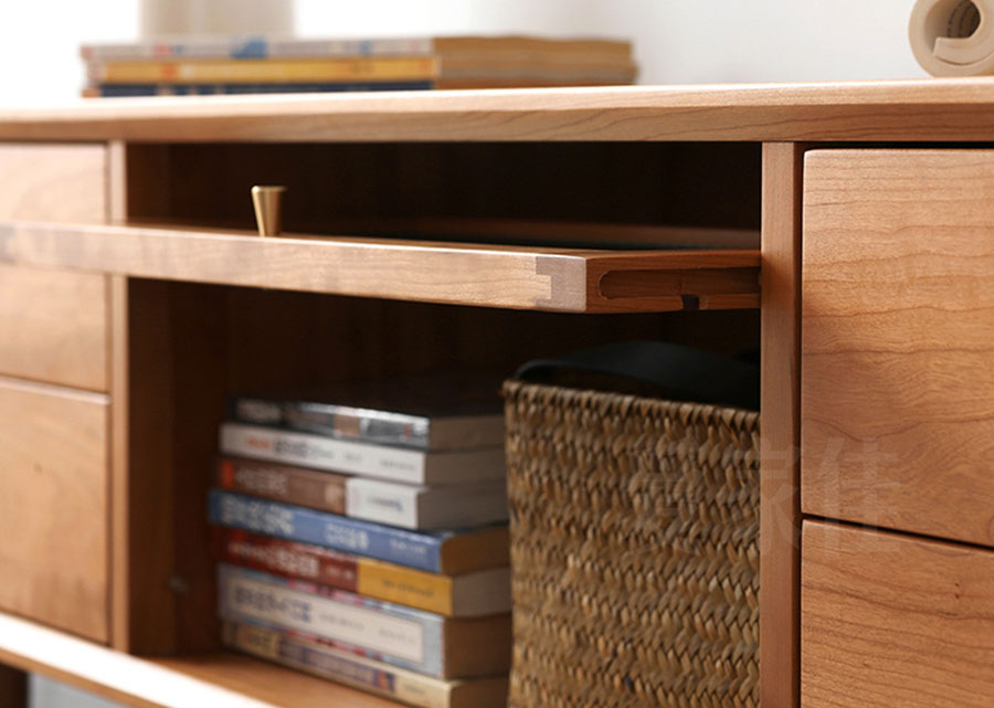 Elegante Solid Cherry Wood TV Console, close up of flip-up lid