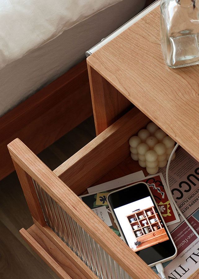 Levitate Solid Cherry Wood Nightstand, open drawer