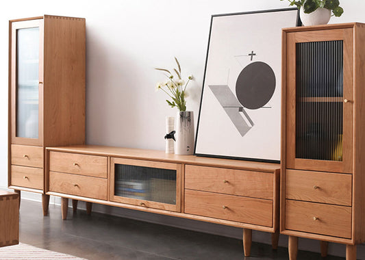 The Elegante Solid Wood TV Console is available in both solid cherry wood and solid oak.