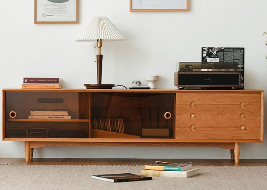 Kentro Solid Cherry Wood TV Console with brown glass