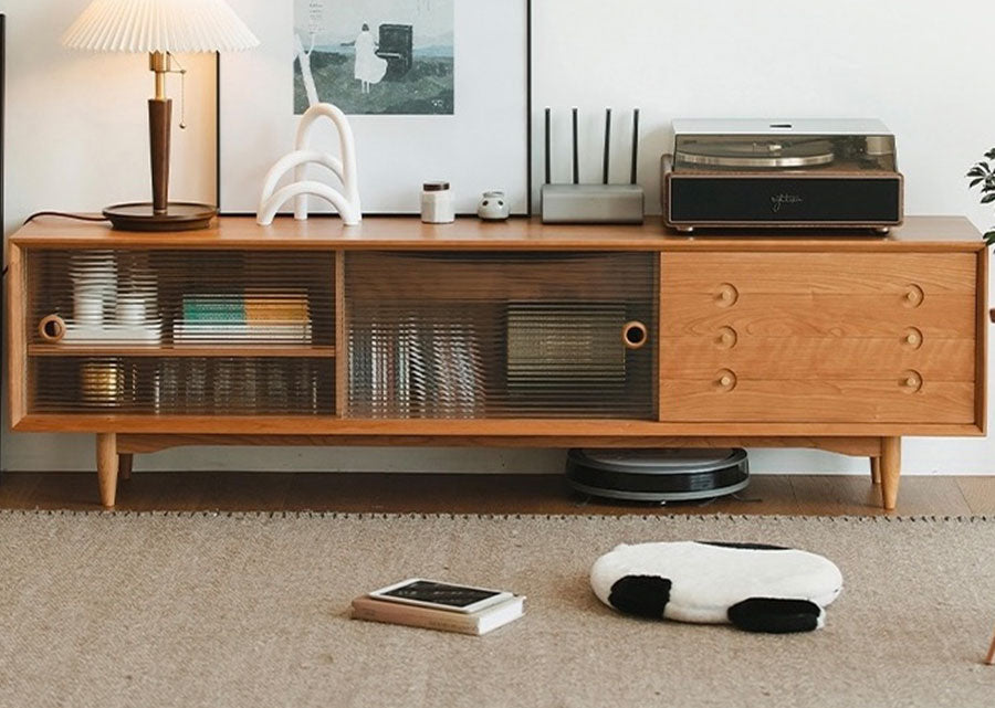 Kentro Solid Cherry Wood TV Console with fluted glass