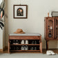 Aeras Solid Dark Walnut Shoe Cabinet with rattan, open view.