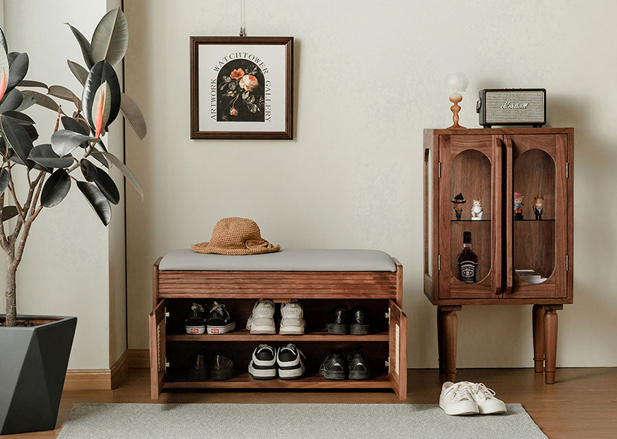 Aeras Solid Dark Walnut Shoe Cabinet with rattan, open view.