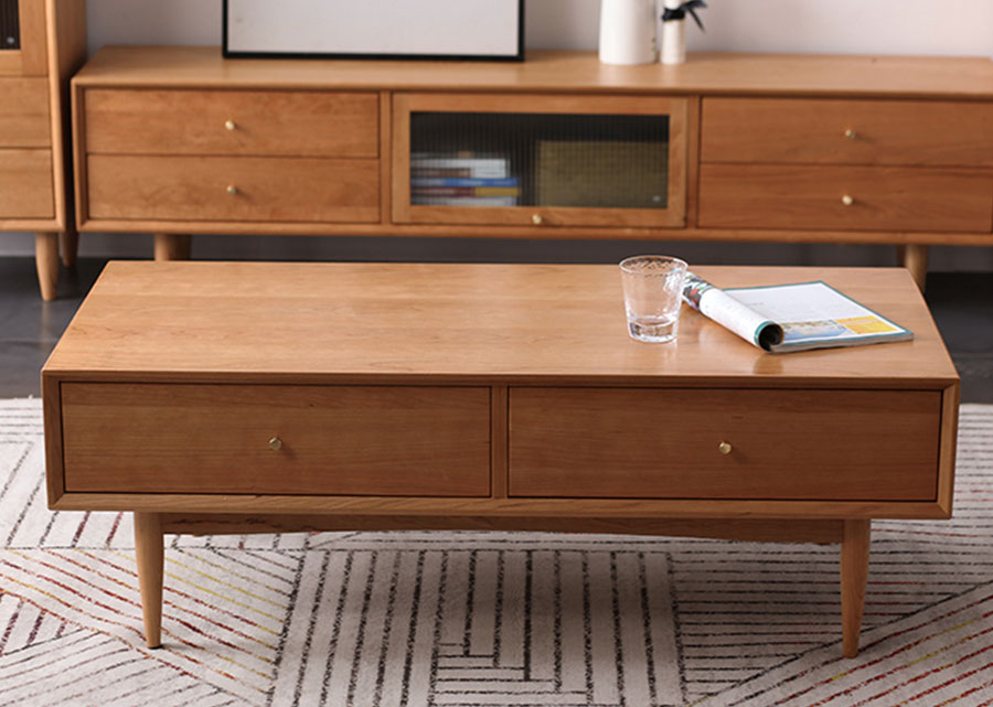 The Elegante Solid Cherry Wood Coffee Table has a strong, boxy shape.