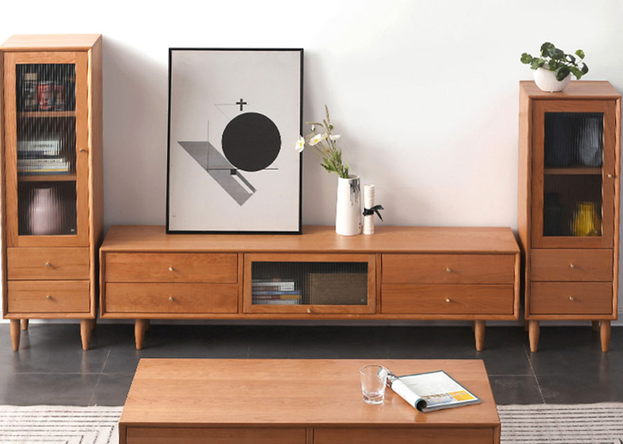 Elegante Solid Cherry Wood TV Console with the Elegante Solid Wood tall cabinets and coffee table.