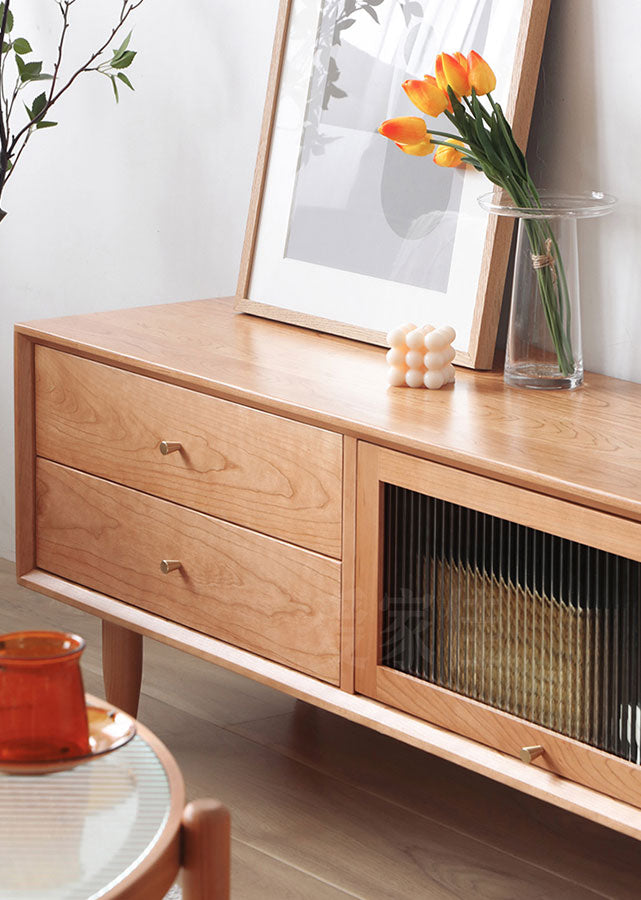 Elegante Solid Cherry Wood TV Console, close up