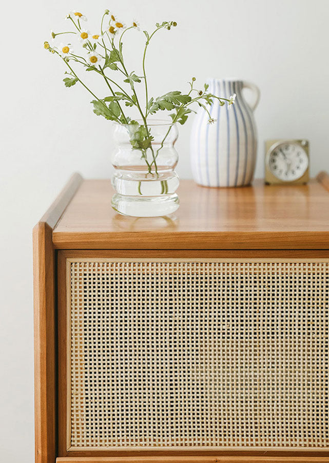 Rattan Solid Wood Nightstand with Drawer