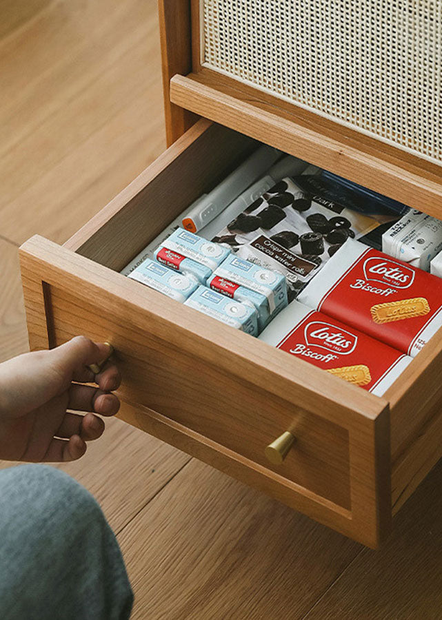 Rattan Solid Wood Nightstand with Drawer