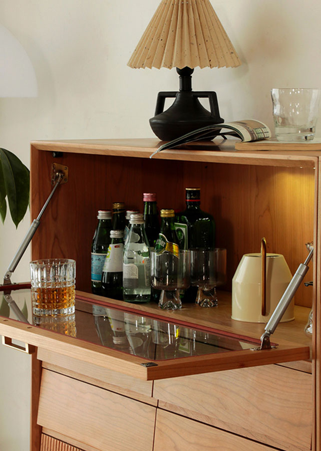 Donovan Solid Cherry Wood Stackable Sideboard, brown glass compartment