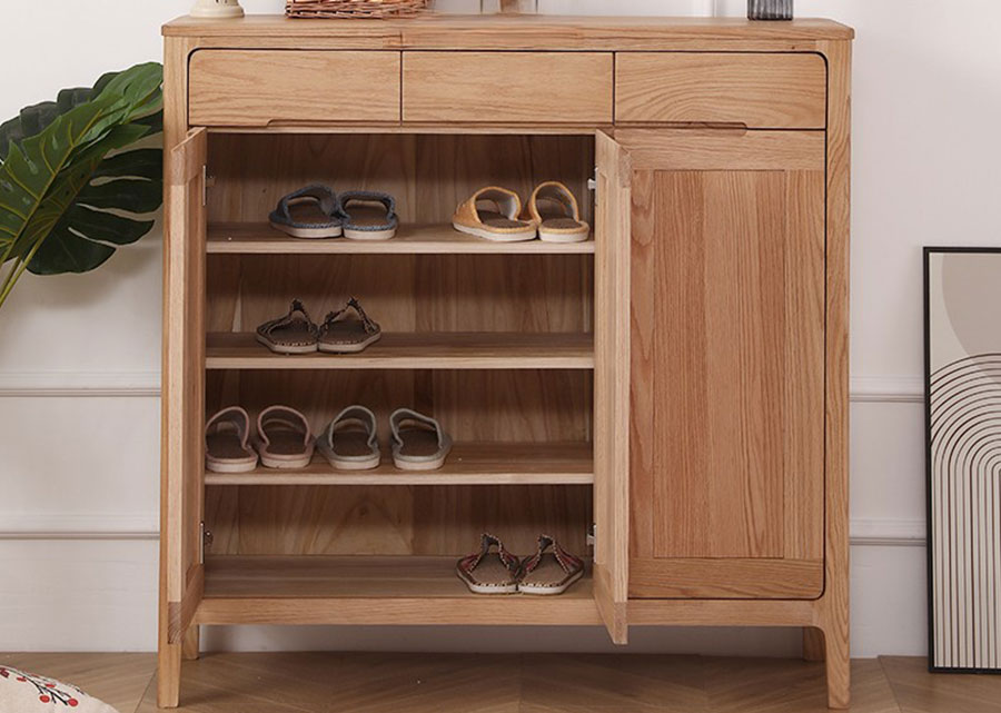 Horizon Solid Oak Shoe Cabinet, open door