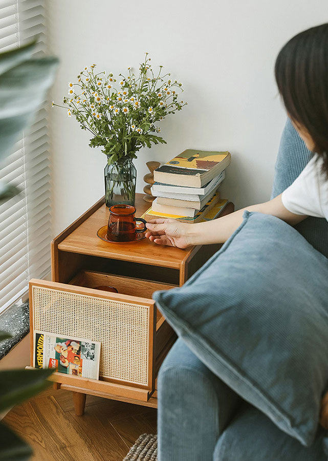 Rattan Solid Wood Nightstand with Drawer