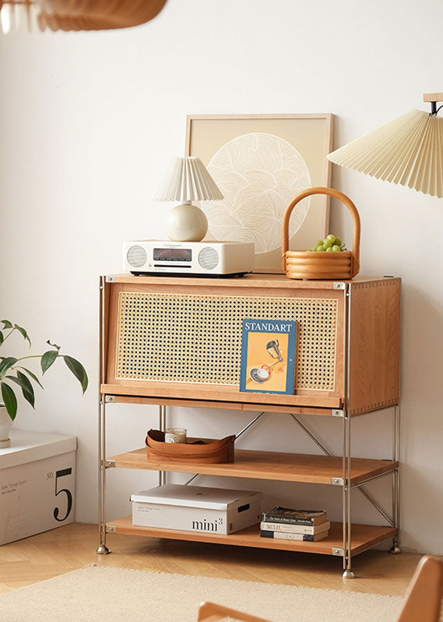 Elias Solid Cherry Wood and Stainless Steel Sideboard with rattan lid