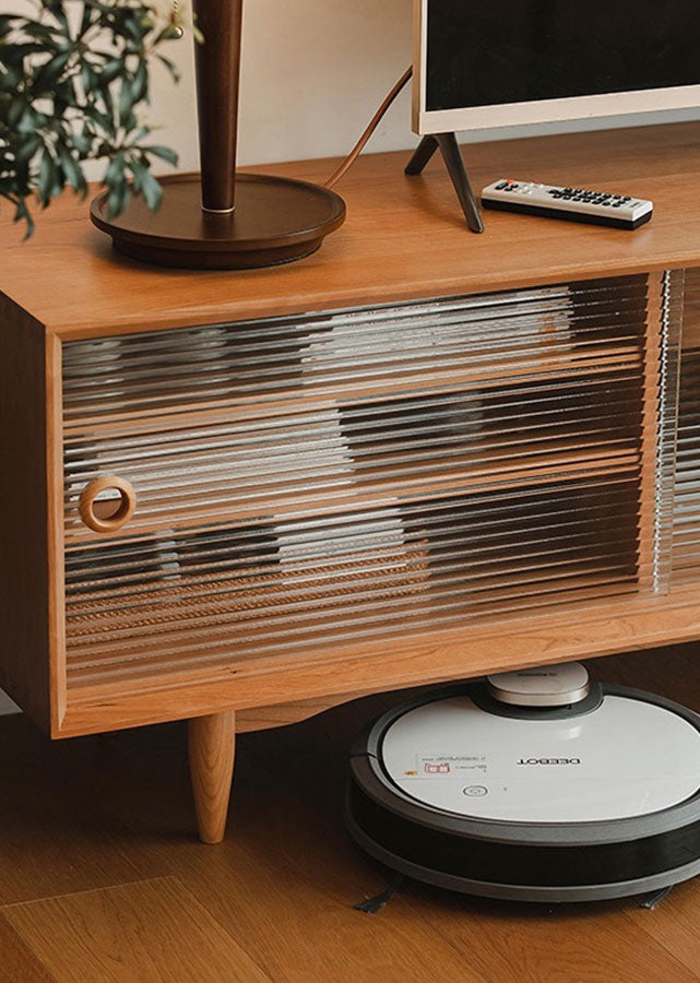 Kentro Solid Cherry Wood TV Console, close up of fluted glass