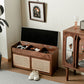 Aeras Solid Dark Walnut Shoe Cabinet with rattan, open top lid for storage.