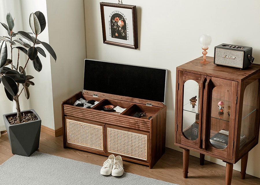 Aeras Solid Dark Walnut Shoe Cabinet with rattan, open top lid for storage.