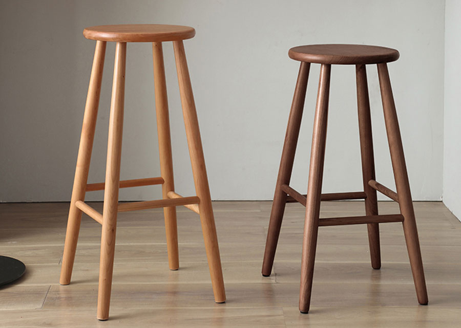 Classic Round Solid Cherry Wood and Solid Dark Walnut Barstool side by side