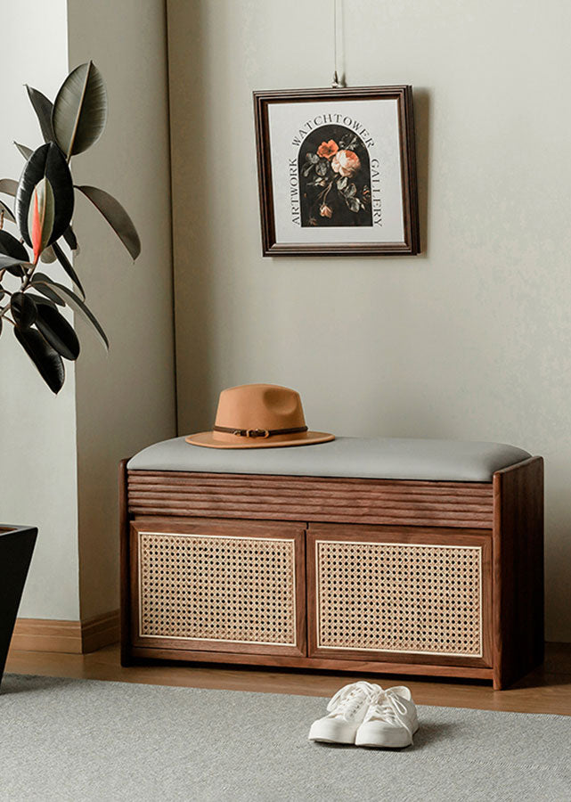 Aeras Solid Dark Walnut Shoe Cabinet with rattan.